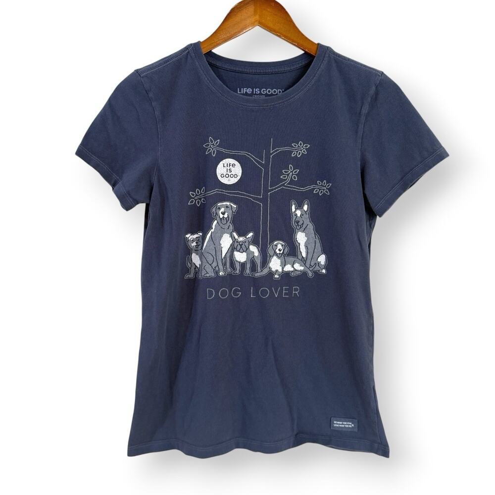 Life Is Good Women's Crusher Tee Small Dog Lover T-Shirt Blue Short Sleeve